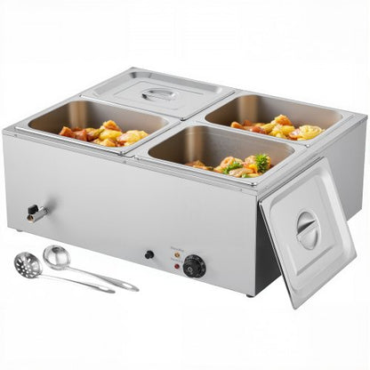 Gewerblicher Speisenwärmer, 1500 W, elektrischer Edelstahl-Dampfspeisenwärmer mit Deckel, 4-Behälter-Schnellheiz-Buffet-Bain-Marie für die Arbeitsplatte mit Suppen- und perforierten Schöpfkellen, für Catering, Restaurants und Partys