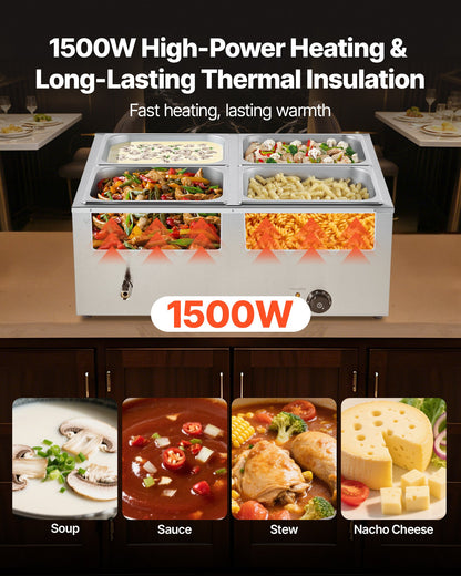 Gewerblicher Speisenwärmer, 1500 W, elektrischer Edelstahl-Dampfspeisenwärmer mit Deckel, 4-Behälter-Schnellheiz-Buffet-Bain-Marie für die Arbeitsplatte mit Suppen- und perforierten Schöpfkellen, für Catering, Restaurants und Partys