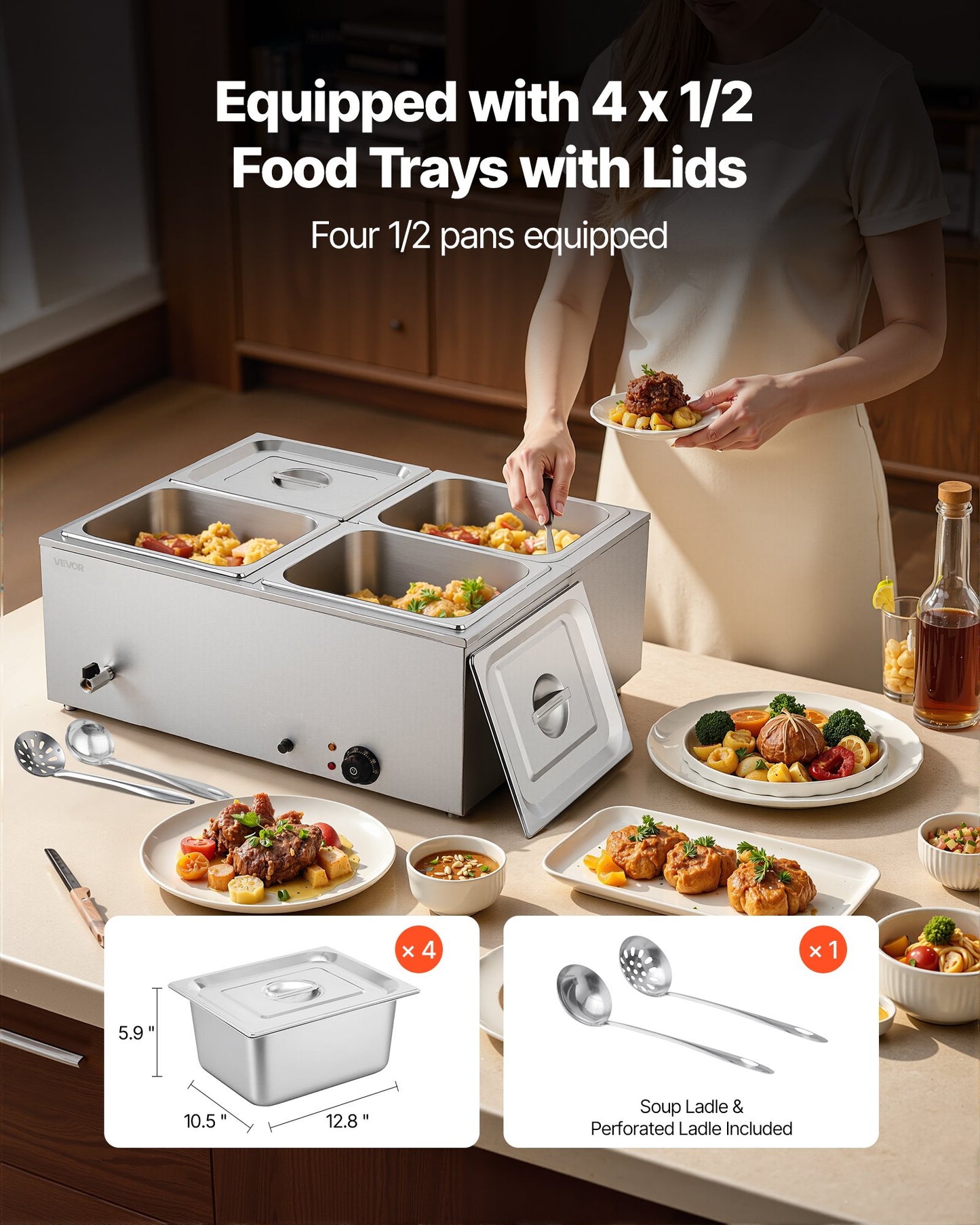 Gewerblicher Speisenwärmer, 1500 W, elektrischer Edelstahl-Dampfspeisenwärmer mit Deckel, 4-Behälter-Schnellheiz-Buffet-Bain-Marie für die Arbeitsplatte mit Suppen- und perforierten Schöpfkellen, für Catering, Restaurants und Partys