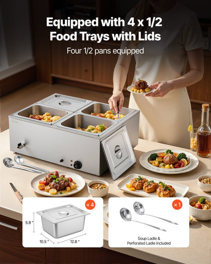 Gewerblicher Speisenwärmer, 1500 W, elektrischer Edelstahl-Dampfspeisenwärmer mit Deckel, 4-Behälter-Schnellheiz-Buffet-Bain-Marie für die Arbeitsplatte mit Suppen- und perforierten Schöpfkellen, für Catering, Restaurants und Partys