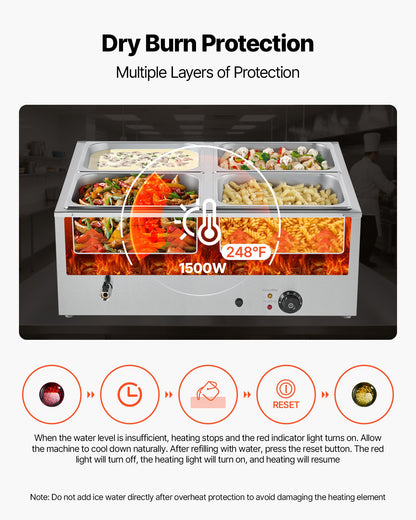 Gewerblicher Speisenwärmer, 1500 W, elektrischer Edelstahl-Dampfspeisenwärmer mit Deckel, 4-Behälter-Schnellheiz-Buffet-Bain-Marie für die Arbeitsplatte mit Suppen- und perforierten Schöpfkellen, für Catering, Restaurants und Partys