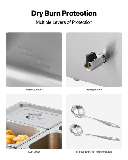 Gewerblicher Speisenwärmer, 1500 W, elektrischer Edelstahl-Dampfspeisenwärmer mit Deckel, 4-Behälter-Schnellheiz-Buffet-Bain-Marie für die Arbeitsplatte mit Suppen- und perforierten Schöpfkellen, für Catering, Restaurants und Partys