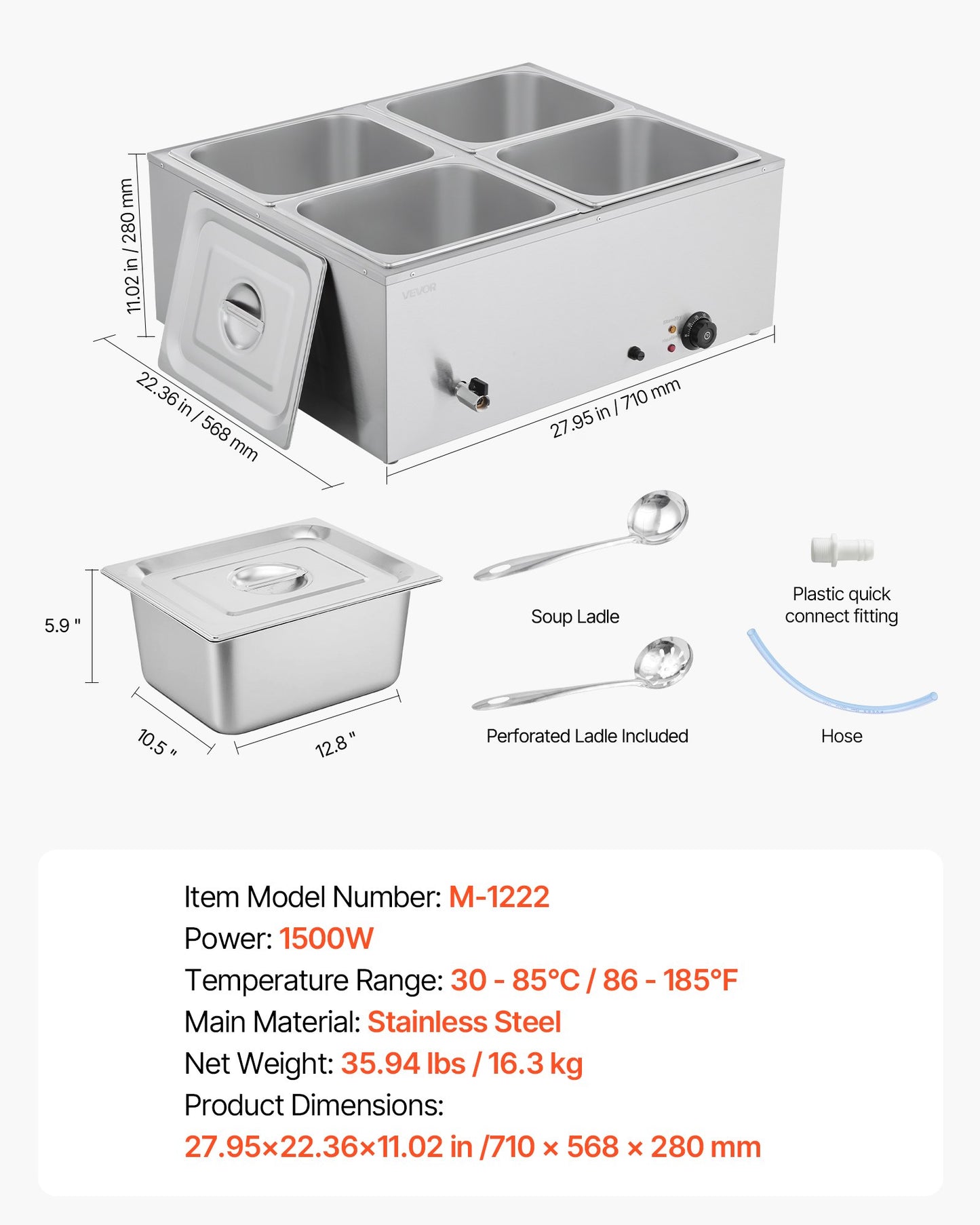 Gewerblicher Speisenwärmer, 1500 W, elektrischer Edelstahl-Dampfspeisenwärmer mit Deckel, 4-Behälter-Schnellheiz-Buffet-Bain-Marie für die Arbeitsplatte mit Suppen- und perforierten Schöpfkellen, für Catering, Restaurants und Partys