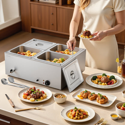 Gewerblicher Speisenwärmer, 1500 W, elektrischer Edelstahl-Dampfspeisenwärmer mit Deckel, 4-Behälter-Schnellheiz-Buffet-Bain-Marie für die Arbeitsplatte mit Suppen- und perforierten Schöpfkellen, für Catering, Restaurants und Partys