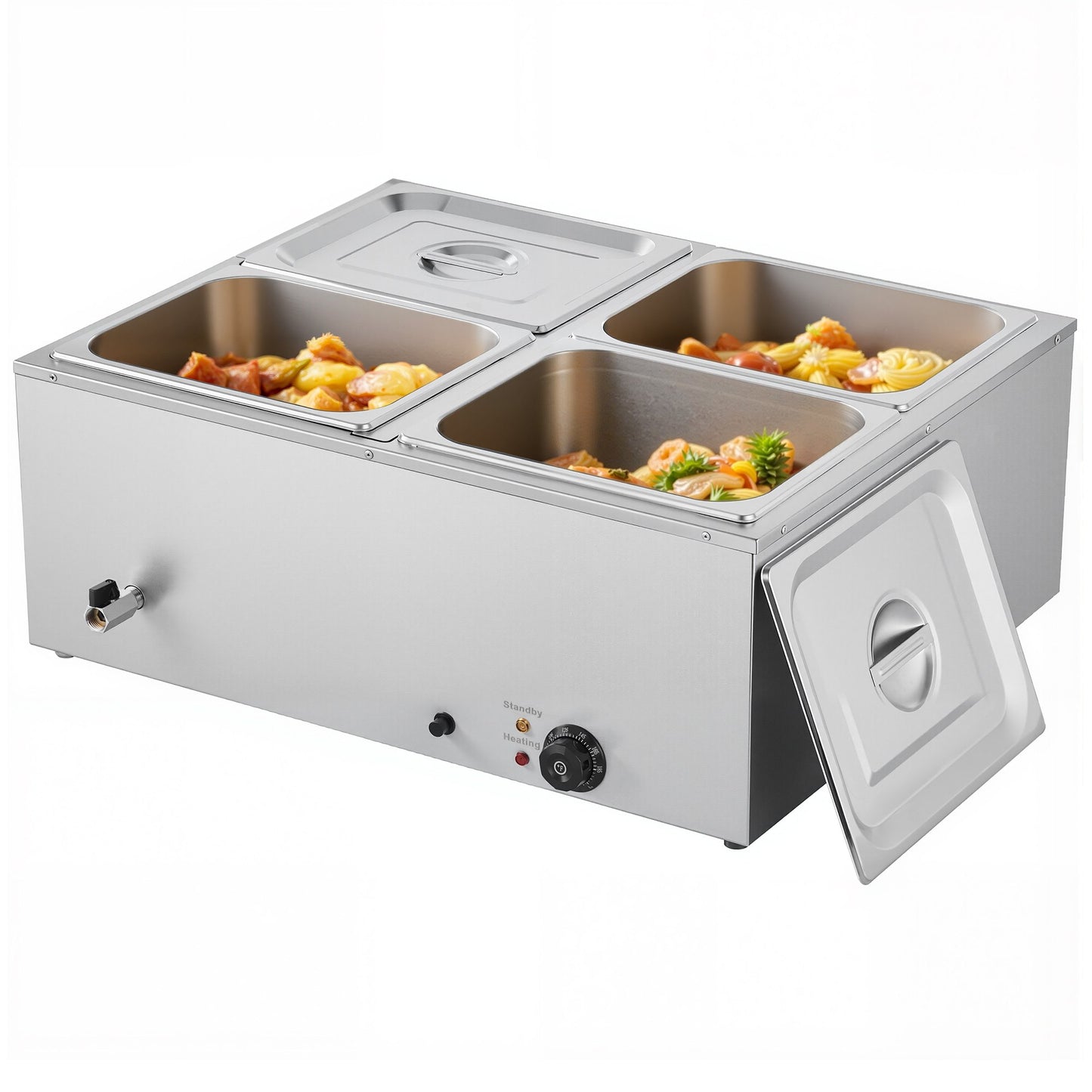 Gewerblicher Speisenwärmer, 1500 W, elektrischer Edelstahl-Dampfspeisenwärmer mit Deckel, 4-Behälter-Schnellheiz-Buffet-Bain-Marie für die Arbeitsplatte mit Suppen- und perforierten Schöpfkellen, für Catering, Restaurants und Partys