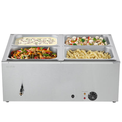 Gewerblicher Speisenwärmer, 1500 W, elektrischer Edelstahl-Dampfspeisenwärmer mit Deckel, 4-Behälter-Schnellheiz-Buffet-Bain-Marie für die Arbeitsplatte mit Suppen- und perforierten Schöpfkellen, für Catering, Restaurants und Partys