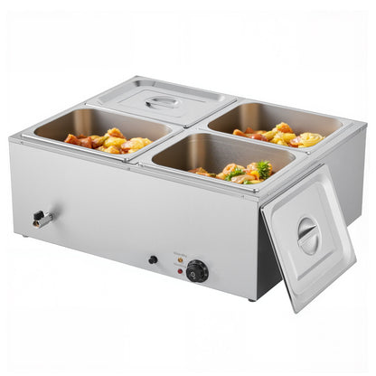 Gewerblicher Speisenwärmer, 1500 W, elektrischer Edelstahl-Dampfspeisenwärmer mit Deckel, 4-Behälter-Schnellheiz-Buffet-Bain-Marie für die Arbeitsplatte mit Suppen- und perforierten Schöpfkellen, für Catering, Restaurants und Partys