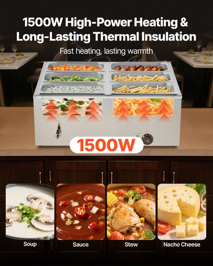 Commercial Food Warmer, 1500W Electric Stainless Steel Steam Food Warmer with Lid, 6-Pan Fast Heating Countertop Buffet Bain Marie with Soup & Perforated Ladles, for Catering, Restaurant, Party