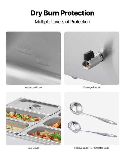 Commercial Food Warmer, 1500W Electric Stainless Steel Steam Food Warmer with Lid, 6-Pan Fast Heating Countertop Buffet Bain Marie with Soup & Perforated Ladles, for Catering, Restaurant, Party