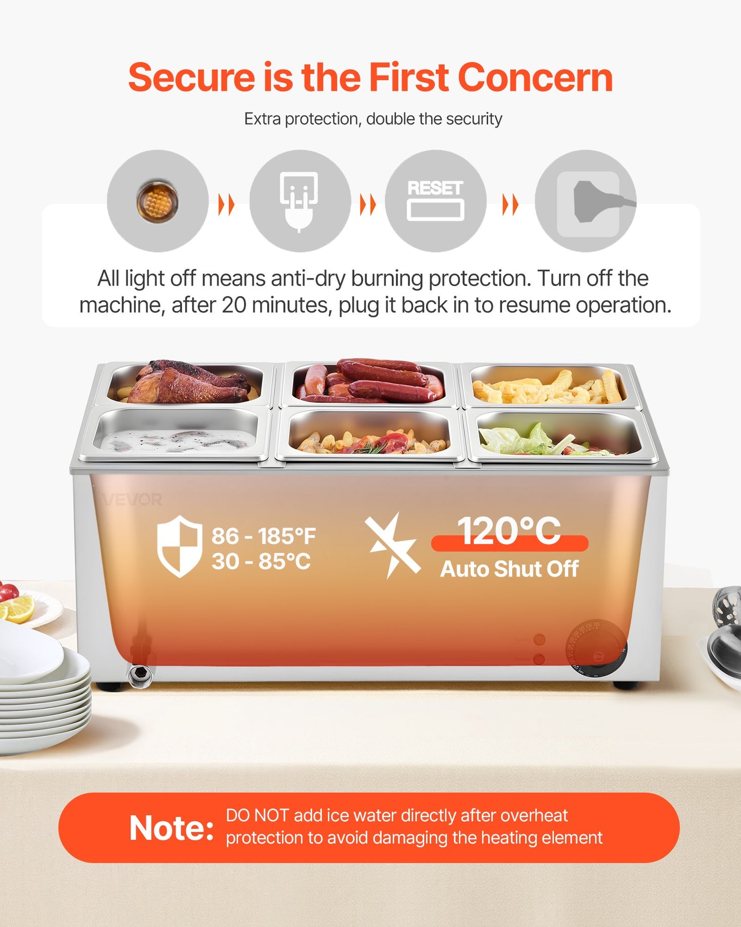 Commercial Food Warmer, 6-Pan Electric Steam Table, 1200W Professional Countertop Stainless Steel Buffet Bain Marie with 30-85°C Temp Control for Catering, Buffet, Parties, Restaurants