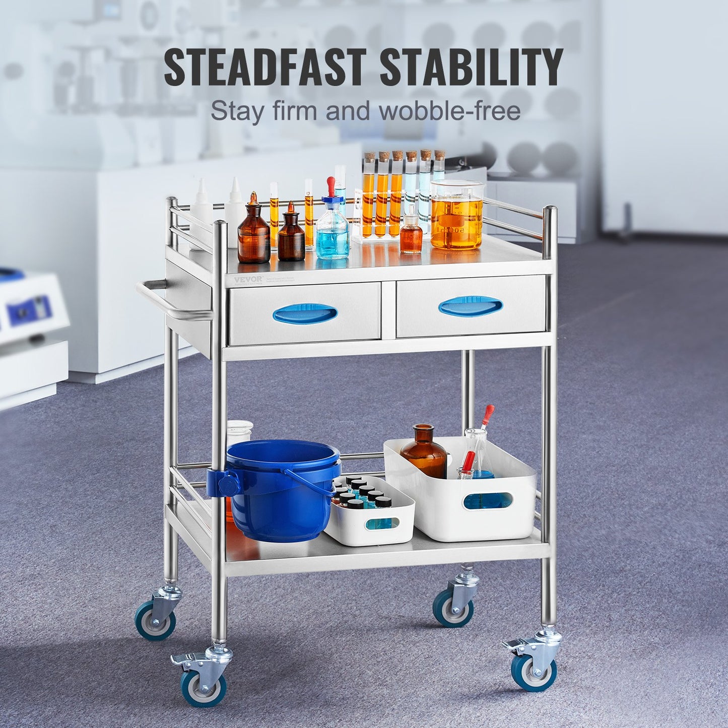 Lab Serving Cart, 2 Layers Stainless Steel Utility Rolling Cart, Medical Cart with Two Drawers, Dental Utility Cart with Lockable Wheels and A Bucket, for Laboratory, Hospital, Dental Use