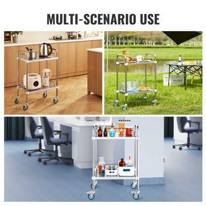 Lab Rolling Cart, 2-Shelf Stainless Steel Rolling Cart, Lab Serving Cart with Swivel Casters, Dental Utility Cart for Clinic, Lab, Hospital, Salon, 385 x 548 x 865 mm