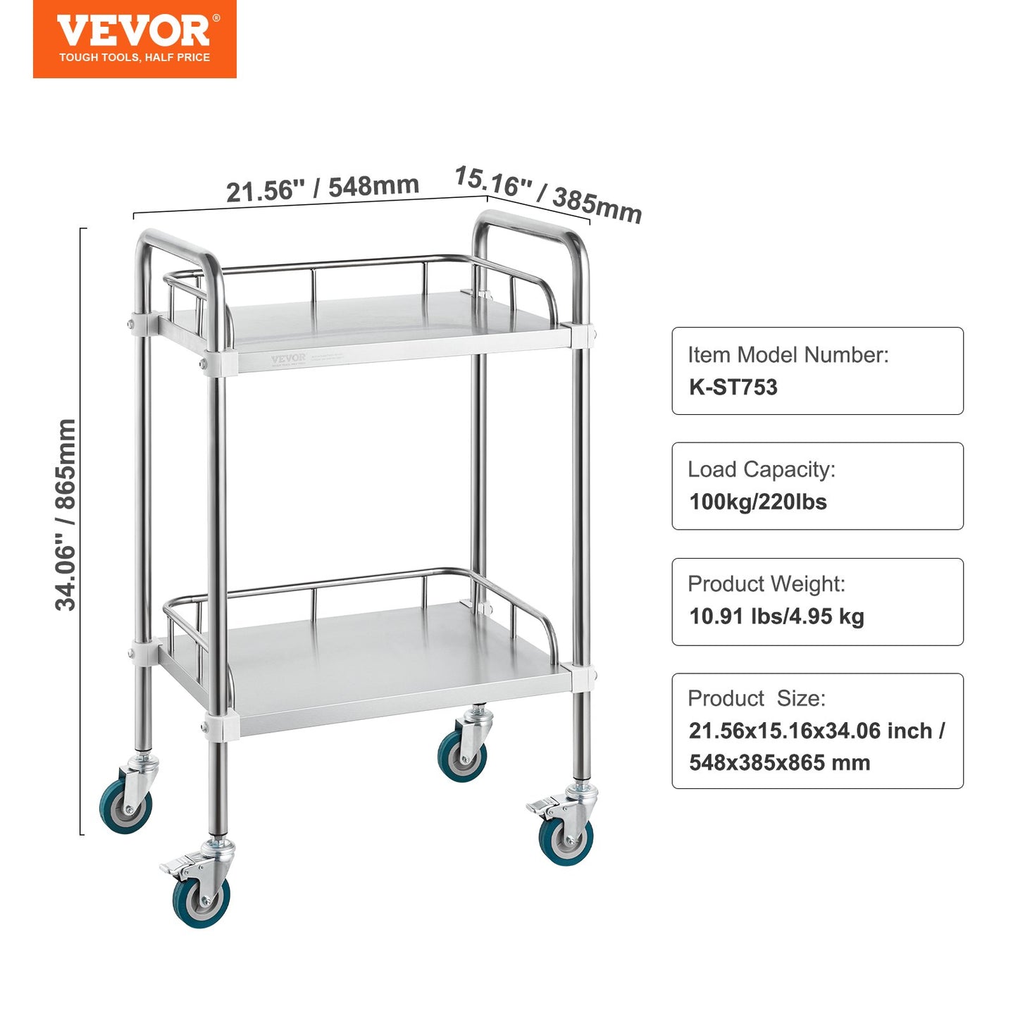 Lab Rolling Cart, 2-Shelf Stainless Steel Rolling Cart, Lab Serving Cart with Swivel Casters, Dental Utility Cart for Clinic, Lab, Hospital, Salon, 385 x 548 x 865 mm