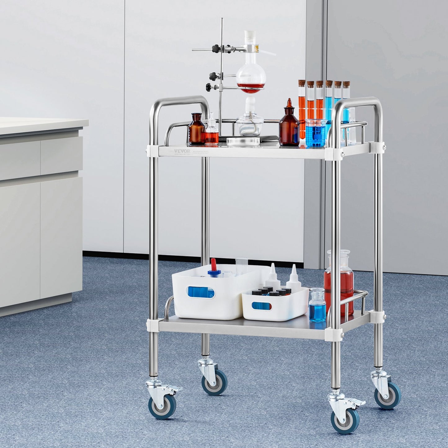 Lab Rolling Cart, 2-Shelf Stainless Steel Rolling Cart, Lab Serving Cart with Swivel Casters, Dental Utility Cart for Clinic, Lab, Hospital, Salon, 385 x 548 x 865 mm