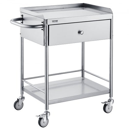 Medical Cart, 2 Layers Stainless Steel Cart 99.8 kg Weight Capacity, Lab Utility Cart with 360° Silent Wheels and a Drawer for Lab, Clinic, Kitchen, Salon