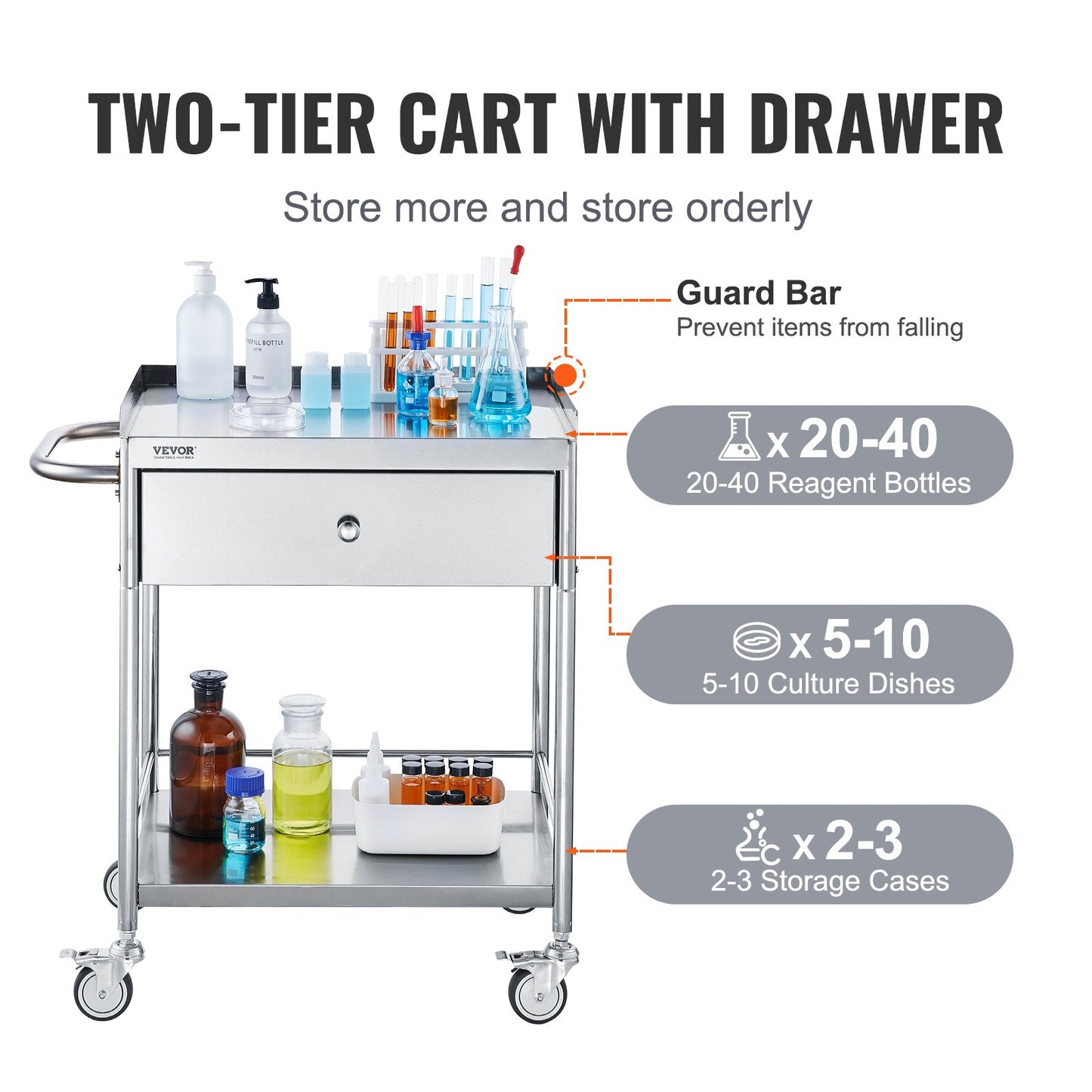 Medical Cart, 2 Layers Stainless Steel Cart 99.8 kg Weight Capacity, Lab Utility Cart with 360° Silent Wheels and a Drawer for Lab, Clinic, Kitchen, Salon
