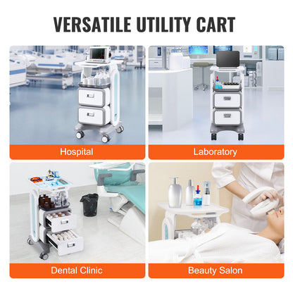 3 Tiers Lab Carts, Lab Utility Cart with 2 Drawers & 1 Top Tray, Mobile Medical Cart with ABS Material, Lab Rolling Cart with 4 Silent Wheels for Lab, Clinic, Hospital, Salon, White