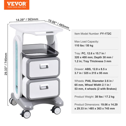 3 Tiers Lab Carts, Lab Utility Cart with 2 Drawers & 1 Top Tray, Mobile Medical Cart with ABS Material, Lab Rolling Cart with 4 Silent Wheels for Lab, Clinic, Hospital, Salon, White
