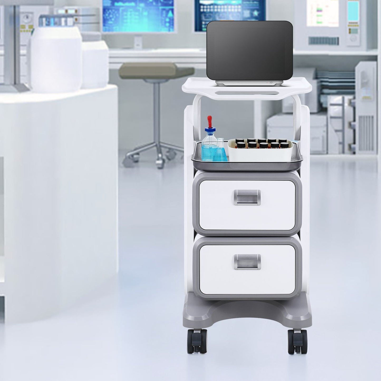 3 Tiers Lab Carts, Lab Utility Cart with 2 Drawers & 1 Top Tray, Mobile Medical Cart with ABS Material, Lab Rolling Cart with 4 Silent Wheels for Lab, Clinic, Hospital, Salon, White