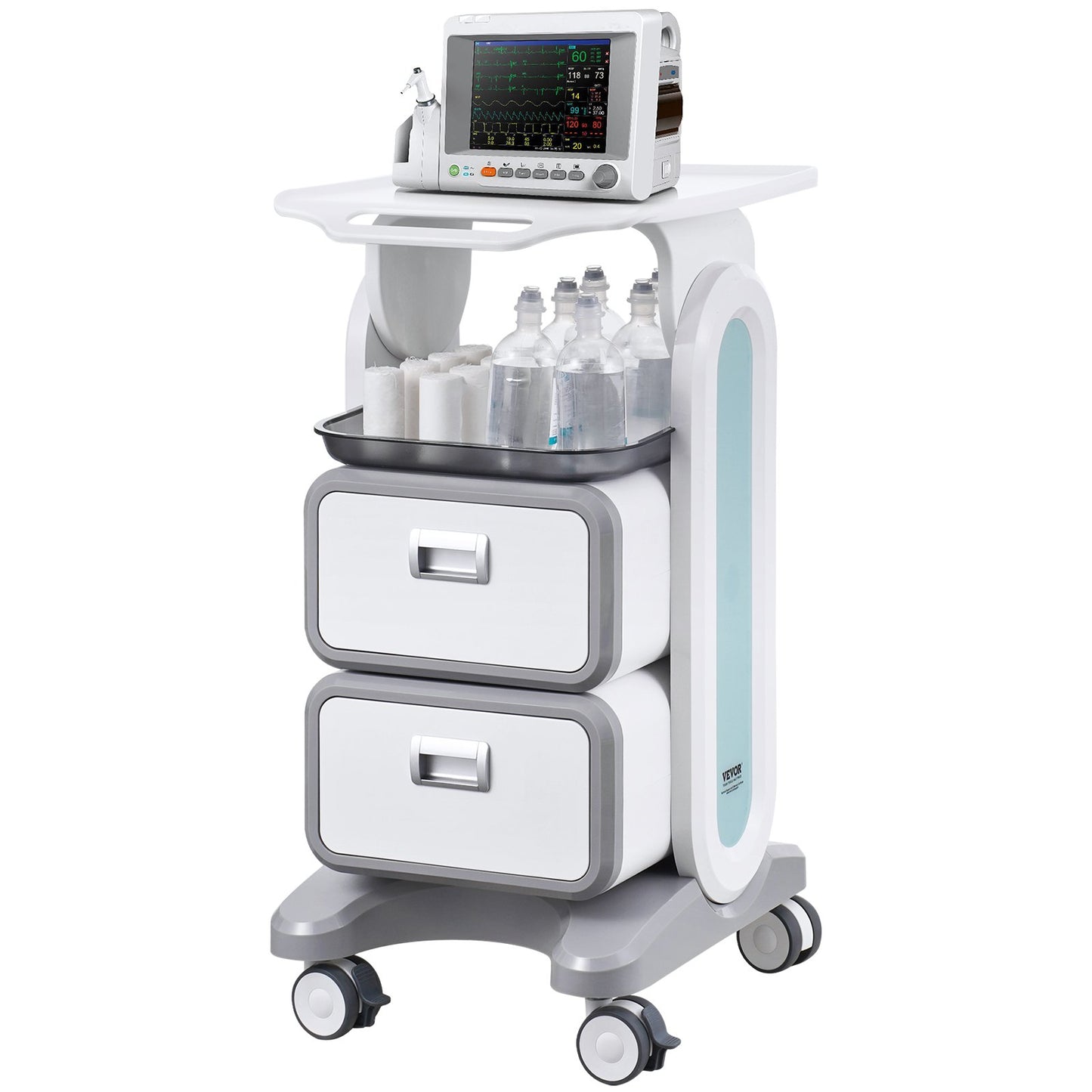 3 Tiers Lab Carts, Lab Utility Cart with 2 Drawers & 1 Top Tray, Mobile Medical Cart with ABS Material, Lab Rolling Cart with 4 Silent Wheels for Lab, Clinic, Hospital, Salon, White