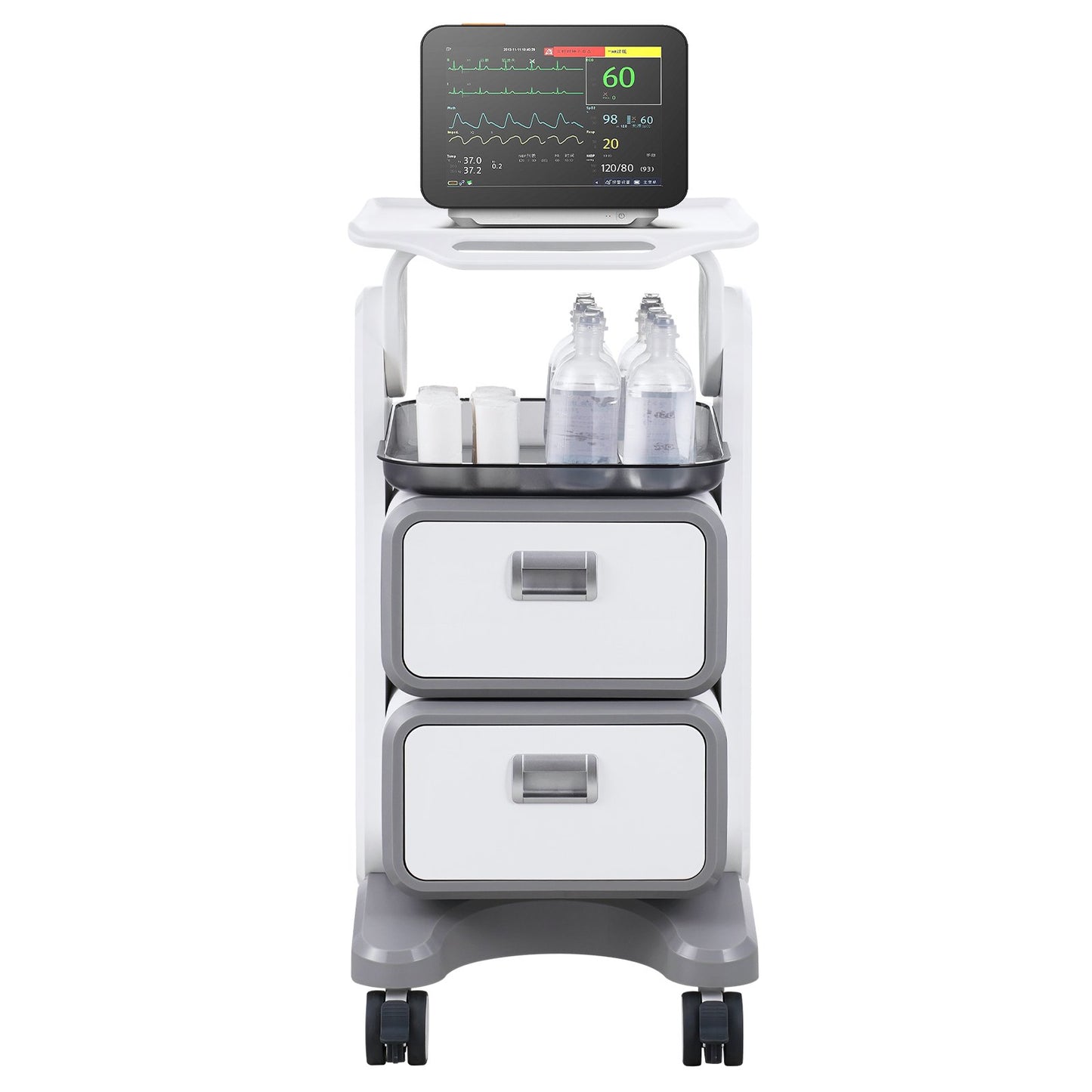 3 Tiers Lab Carts, Lab Utility Cart with 2 Drawers & 1 Top Tray, Mobile Medical Cart with ABS Material, Lab Rolling Cart with 4 Silent Wheels for Lab, Clinic, Hospital, Salon, White