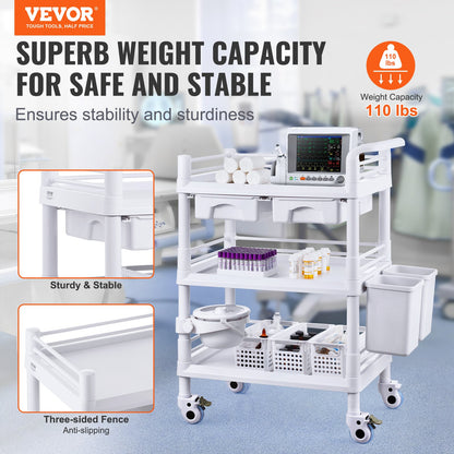 3 Tiers Lab Carts, Lab Utility Cart with 3 Trays & 4 Silent Wheels, Mobile Medical Cart with PP Material, Lab Rolling Cart with 3 Trash Cans for Lab, Clinic, Hospital, Salon, White