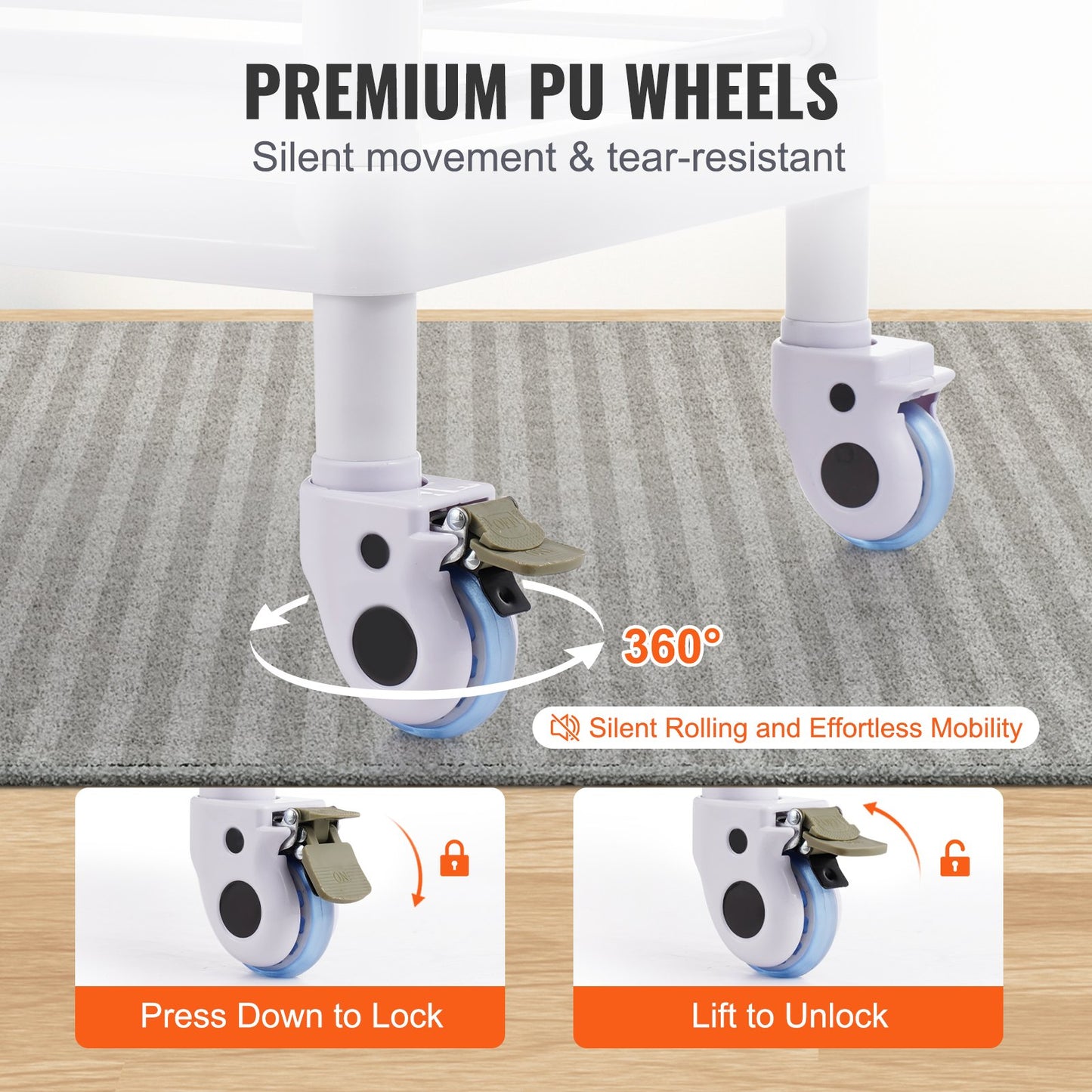 3 Tiers Lab Carts, Lab Utility Cart with 3 Trays & 4 Silent Wheels, Mobile Medical Cart with PP Material, Lab Rolling Cart with 3 Trash Cans for Lab, Clinic, Hospital, Salon, White