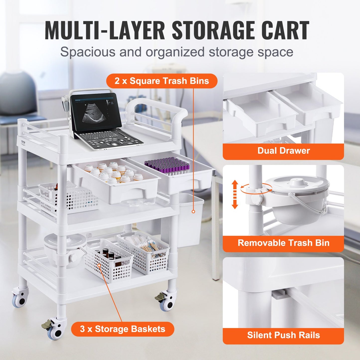 3 Tiers Lab Carts, Lab Utility Cart with 3 Trays & 4 Silent Wheels, Mobile Medical Cart with PP Material, Lab Rolling Cart with 3 Trash Cans for Lab, Clinic, Hospital, Salon, White