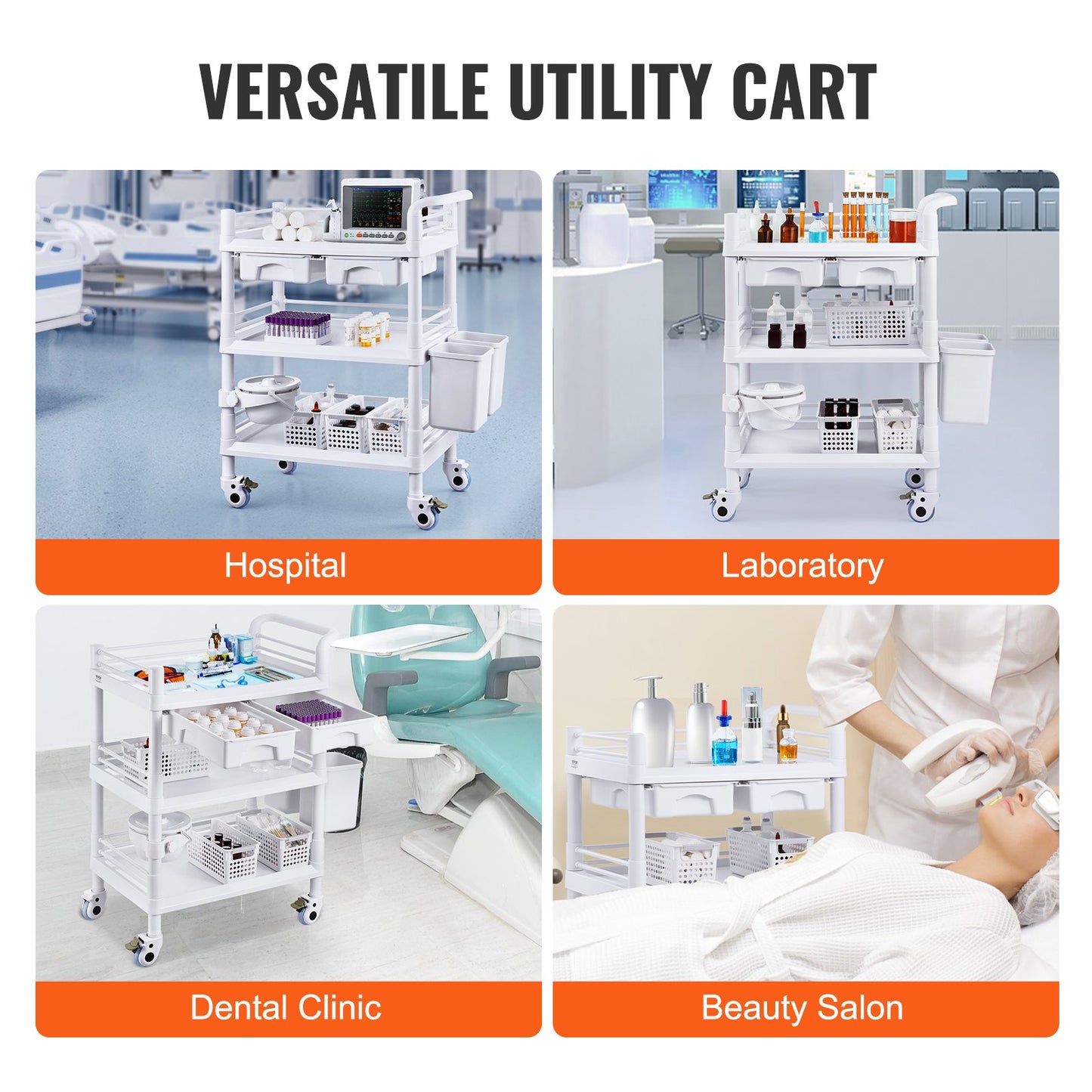 3 Tiers Lab Carts, Lab Utility Cart with 3 Trays & 4 Silent Wheels, Mobile Medical Cart with PP Material, Lab Rolling Cart with 3 Trash Cans for Lab, Clinic, Hospital, Salon, White