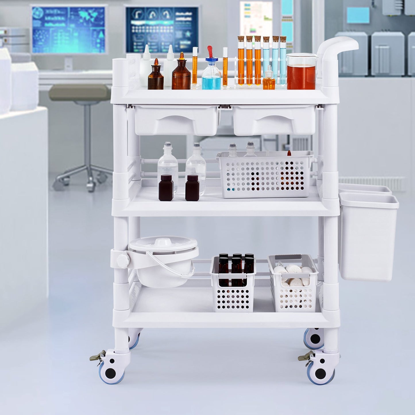 3 Tiers Lab Carts, Lab Utility Cart with 3 Trays & 4 Silent Wheels, Mobile Medical Cart with PP Material, Lab Rolling Cart with 3 Trash Cans for Lab, Clinic, Hospital, Salon, White