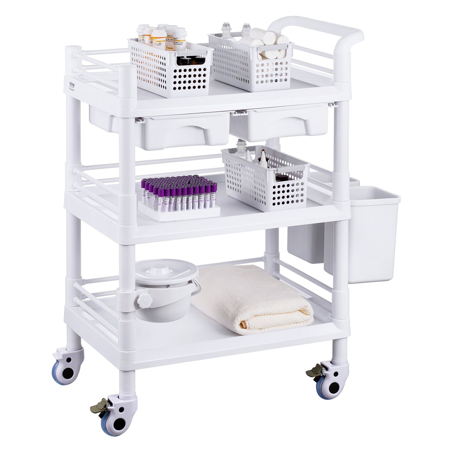 3 Tiers Lab Carts, Lab Utility Cart with 3 Trays & 4 Silent Wheels, Mobile Medical Cart with PP Material, Lab Rolling Cart with 3 Trash Cans for Lab, Clinic, Hospital, Salon, White