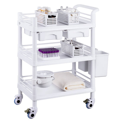 3 Tiers Lab Carts, Lab Utility Cart with 3 Trays & 4 Silent Wheels, Mobile Medical Cart with PP Material, Lab Rolling Cart with 3 Trash Cans for Lab, Clinic, Hospital, Salon, White