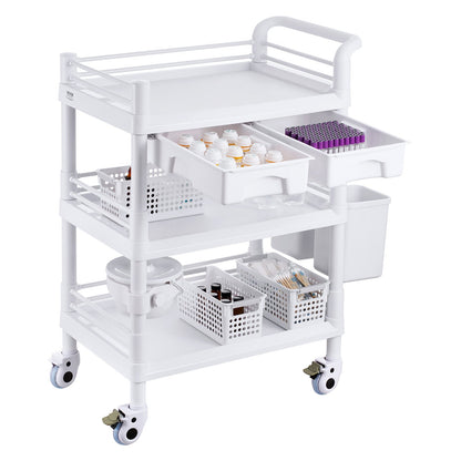 3 Tiers Lab Carts, Lab Utility Cart with 3 Trays & 4 Silent Wheels, Mobile Medical Cart with PP Material, Lab Rolling Cart with 3 Trash Cans for Lab, Clinic, Hospital, Salon, White