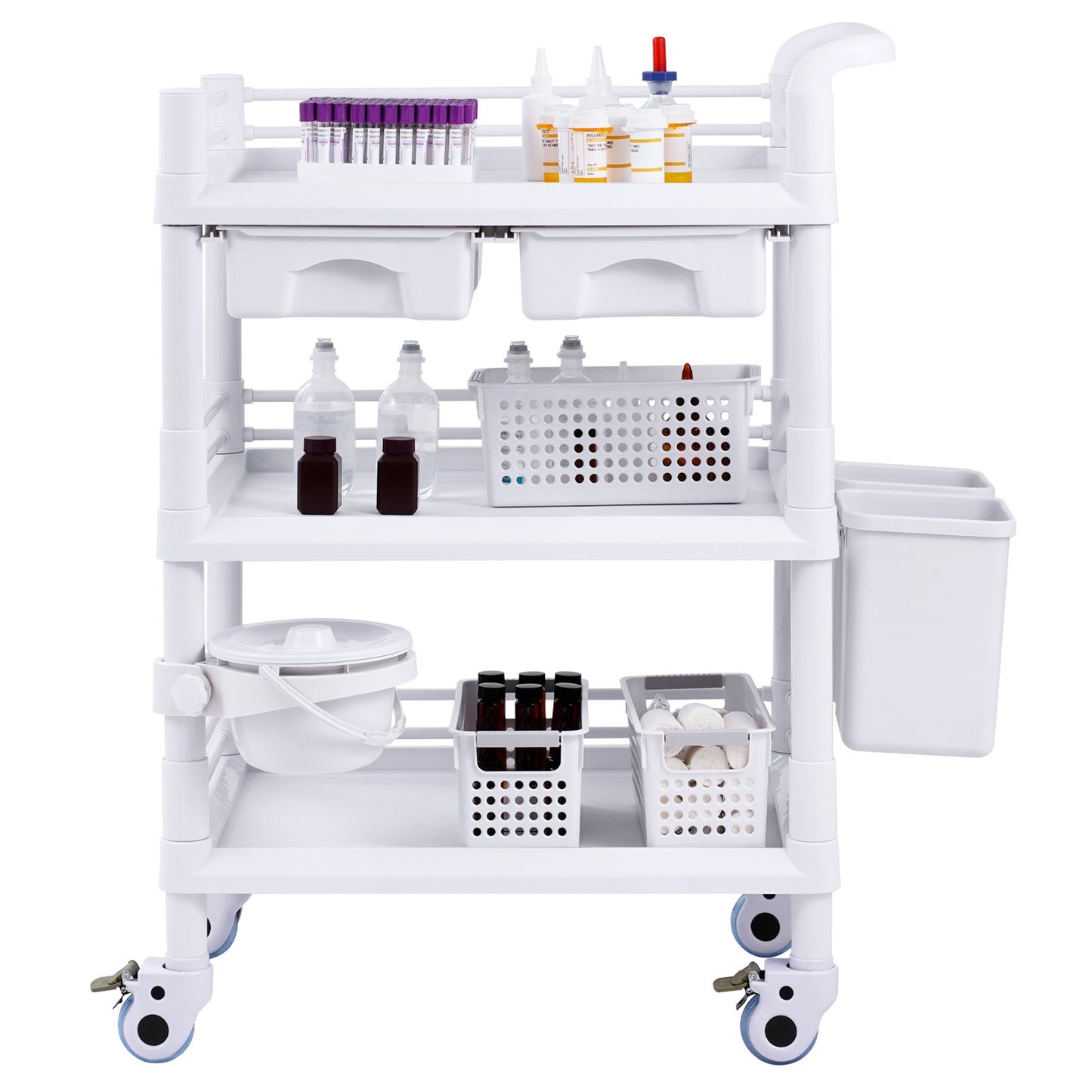 3 Tiers Lab Carts, Lab Utility Cart with 3 Trays & 4 Silent Wheels, Mobile Medical Cart with PP Material, Lab Rolling Cart with 3 Trash Cans for Lab, Clinic, Hospital, Salon, White