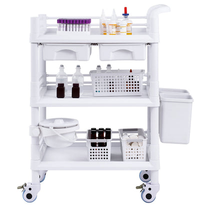 3 Tiers Lab Carts, Lab Utility Cart with 3 Trays & 4 Silent Wheels, Mobile Medical Cart with PP Material, Lab Rolling Cart with 3 Trash Cans for Lab, Clinic, Hospital, Salon, White