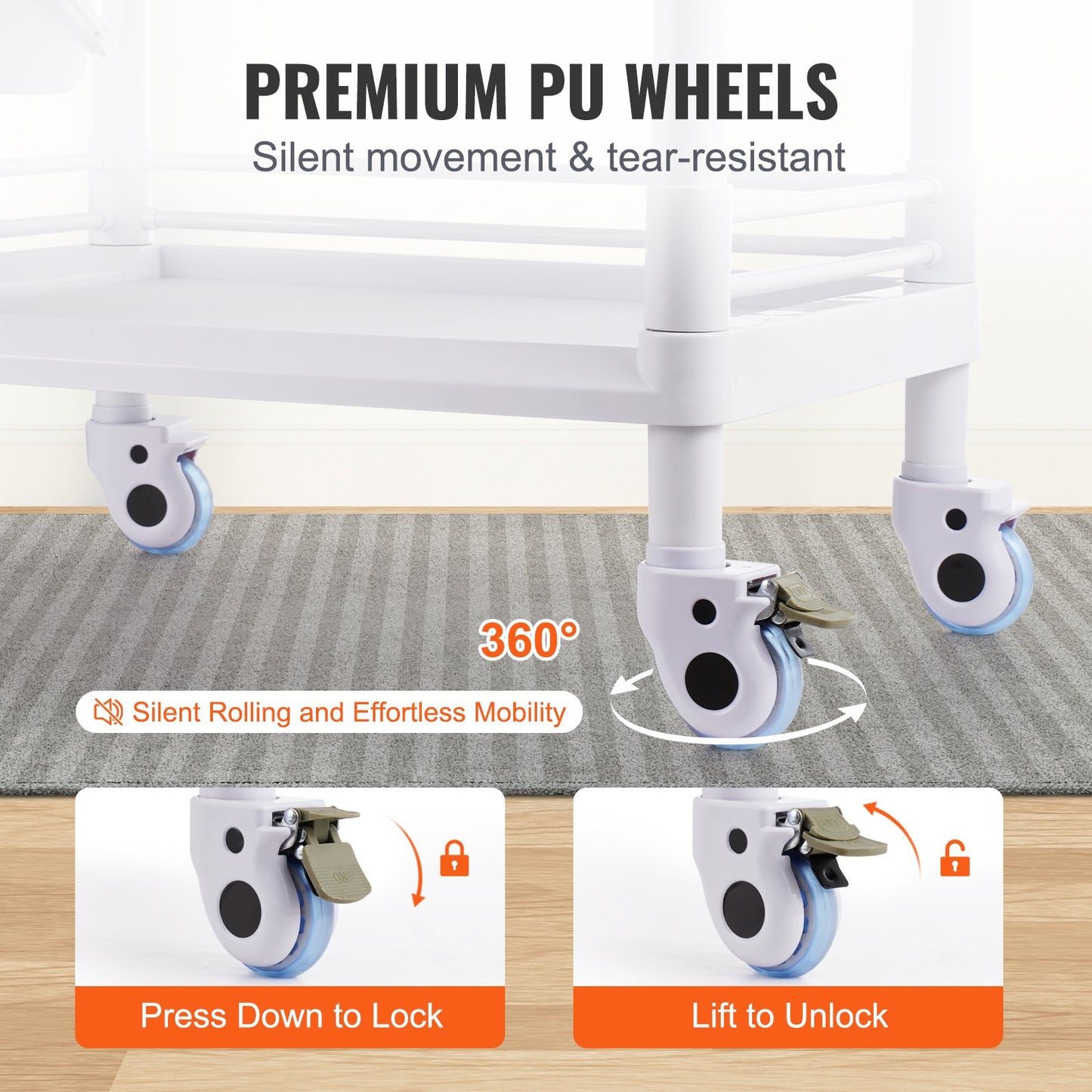 2 Tiers Lab Carts, Lab Utility Cart with 2 Trays, 2 Drawers & 4 Silent Wheels, Mobile Medical Cart with PP Material, Lab Rolling Cart with 3 Trash Cans for Lab, Clinic, Hospital, Salon, White