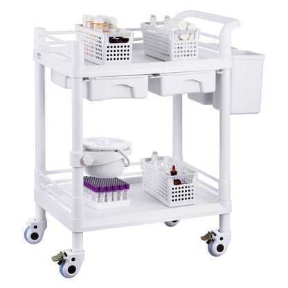 2 Tiers Lab Carts, Lab Utility Cart with 2 Trays, 2 Drawers & 4 Silent Wheels, Mobile Medical Cart with PP Material, Lab Rolling Cart with 3 Trash Cans for Lab, Clinic, Hospital, Salon, White