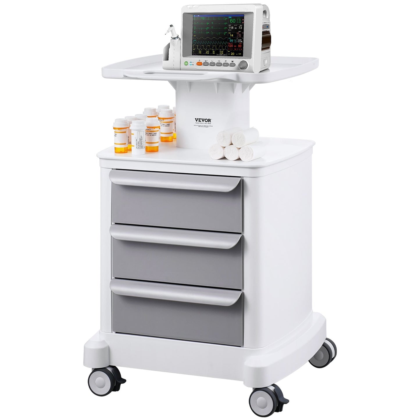 4 Tiers Lab Carts, Lab Utility Cart with 3 Drawers & 1 Top Tray, Mobile Medical Cart with ABS Material, Lab Rolling Cart with 4 Silent Wheels for Lab, Clinic, Hospital, Salon, White