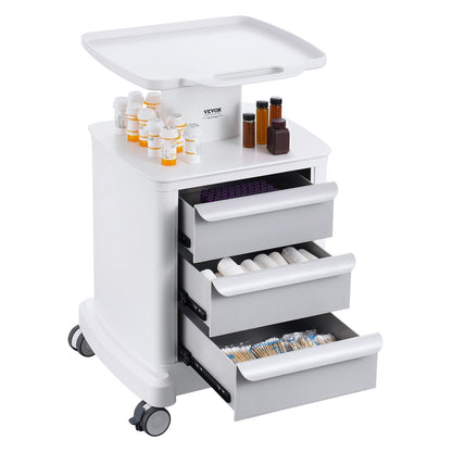 4 Tiers Lab Carts, Lab Utility Cart with 3 Drawers & 1 Top Tray, Mobile Medical Cart with ABS Material, Lab Rolling Cart with 4 Silent Wheels for Lab, Clinic, Hospital, Salon, White
