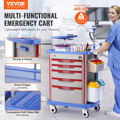 5 Tiers Lab Carts, Lab Utility Cart with 5 Drawers & 4 Silent Wheels, Mobile Medical Cart with PP Material, Lab Rolling Cart with 2 Trash Cans for Lab, Clinic, Hospital, Salon, Blue