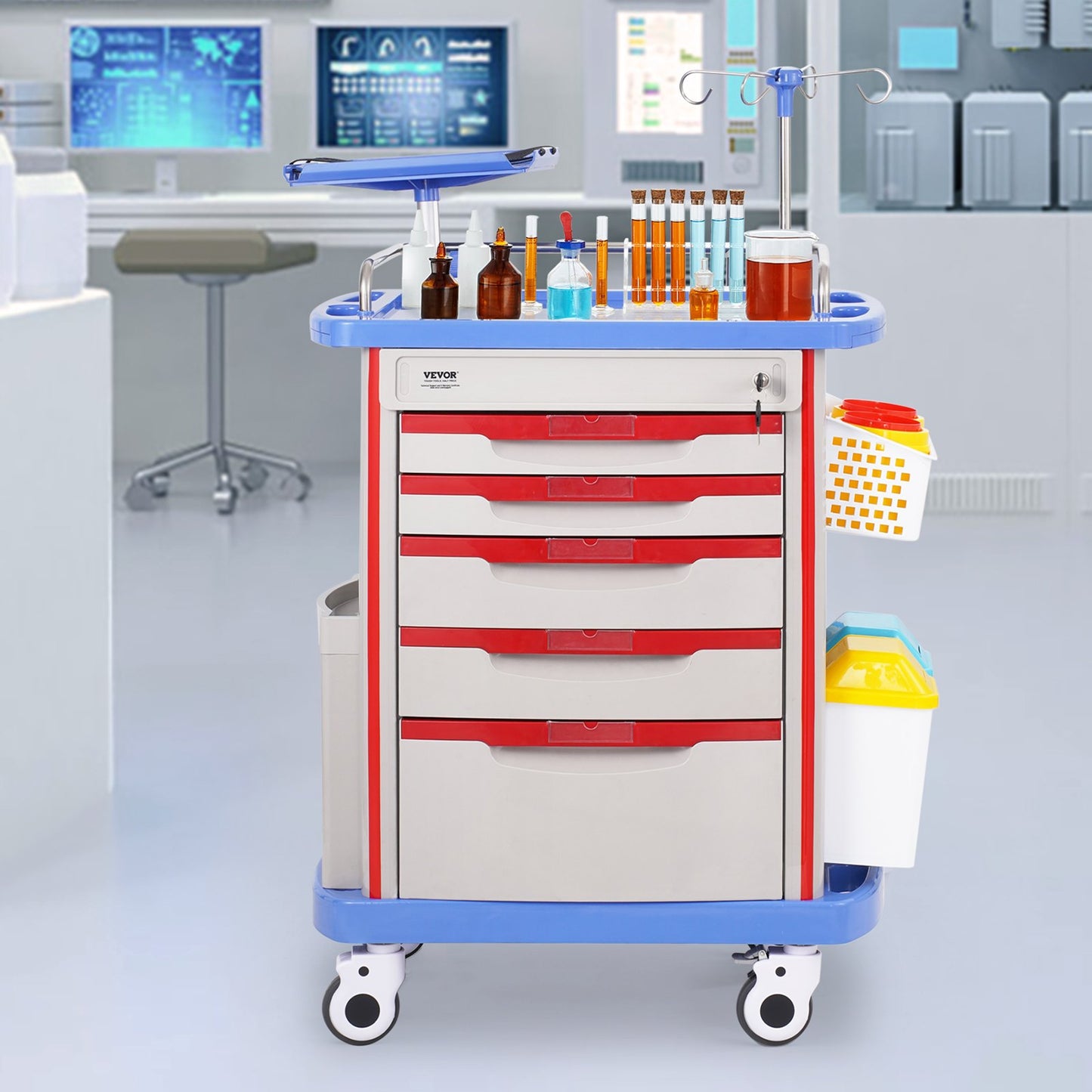 5 Tiers Lab Carts, Lab Utility Cart with 5 Drawers & 4 Silent Wheels, Mobile Medical Cart with PP Material, Lab Rolling Cart with 2 Trash Cans for Lab, Clinic, Hospital, Salon, Blue