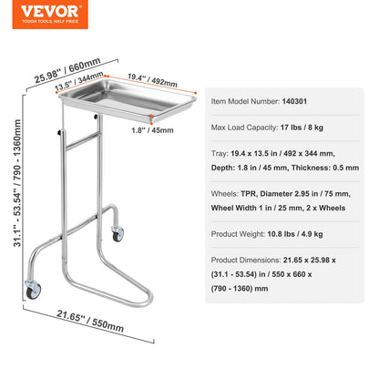Stainless Steel Lab Carts, Lab Utility Cart with Single Tray, Mobile Medical Cart with 2 Silent Wheels, Lab Rolling Cart for Lab, Clinic, Hospital, Salon