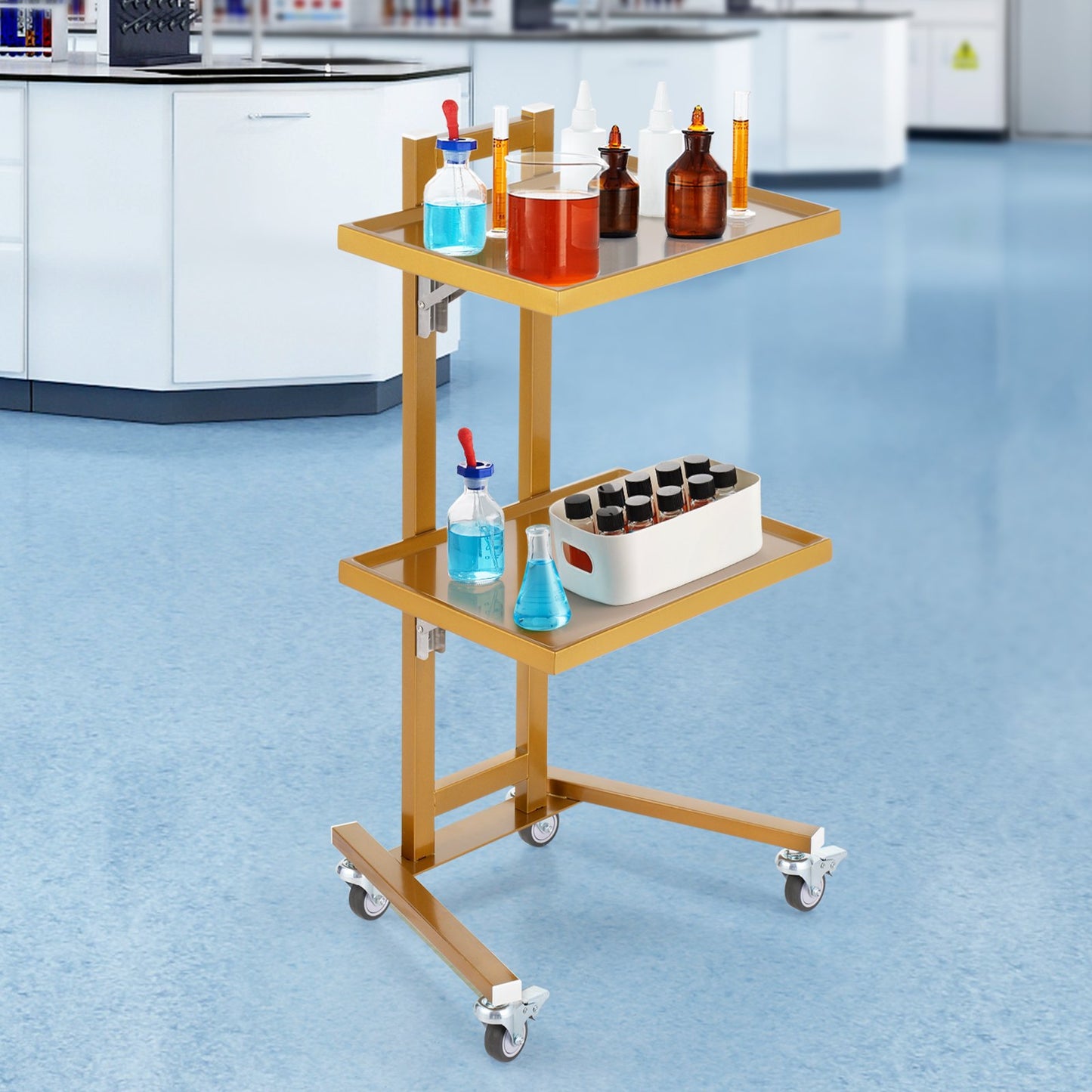 2 Tiers Stainless Steel Lab Carts, Lab Utility Cart with 2 Trays, Mobile Medical Cart with 4 Silent Wheels, Lab Rolling Cart for Lab, Clinic, Hospital, Salon, Golden