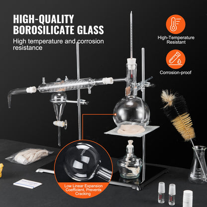 Essential Oil Distillation Kit, 500ml Distillation Apparatus, 3.3 Boro Lab Glassware Distillation Kit with Alcohol Lamp, Ceramic Mesh and 24, 40 Joint, 28 pcs Set