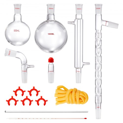 Labor-Destillationsset, 3,3 Boro Laborglas-Destillationsset mit 24, 40 Schliffen, 1000 ml ätherischem Öl Destillierapparatur-Set, 14-teiliges Set Glaswaren