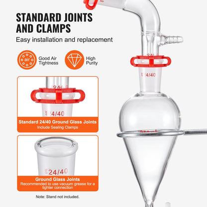 Lab Distillation Kit, 3.3 Boro Lab Glassware Distillation Kit with 24, 40 Joint, 1000ml Essential Oil Distillation Apparatus Kit, 29 pcs Set of Glassware Equipment
