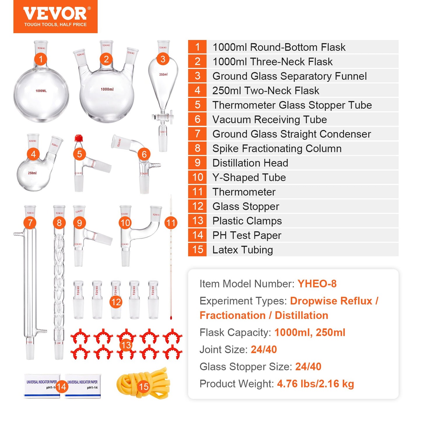 Lab Distillation Kit, 3.3 Boro Lab Glassware Distillation Kit with 24, 40 Joint, 1000ml Essential Oil Distillation Apparatus Kit, 29 pcs Set of Glassware Equipment