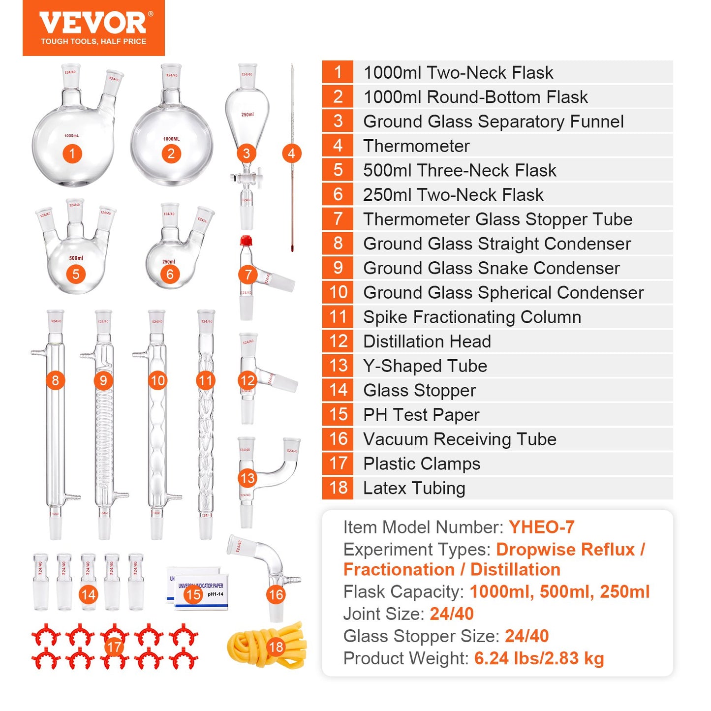 Lab Distillation Kit, 3.3 Boro Lab Glassware Distillation Kit with 24, 40 Joint, 1000ml Essential Oil Distillation Apparatus Kit, 32 pcs Set of Glassware Equipment