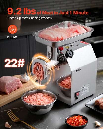 Gewerblicher elektrischer Fleischwolf, 4,2 kg/min Kapazität, #22 Industrie-Fleischwolf mit 2 Edelstahlklingen, 2 Lochscheiben, 1100 W Hochleistungs-Wurstmaschine, für Küche und Restaurant