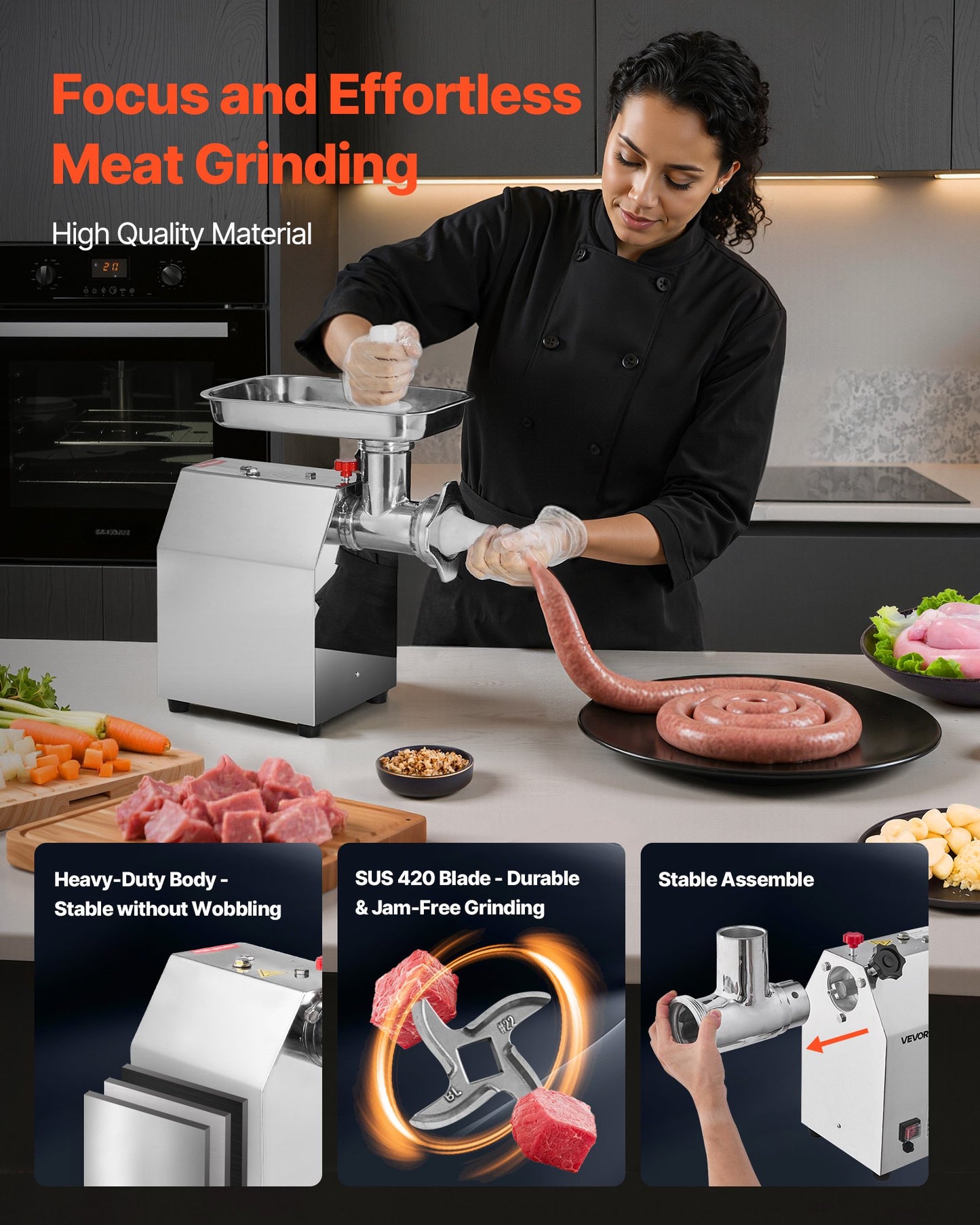 Gewerblicher elektrischer Fleischwolf, 4,2 kg/min Kapazität, #22 Industrie-Fleischwolf mit 2 Edelstahlklingen, 2 Lochscheiben, 1100 W Hochleistungs-Wurstmaschine, für Küche und Restaurant